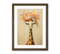 Artery8 Cheerful Giraffe with Wildflower Bouquet Hat Spring Camouflage Whimsical Oil Painting Nursery Artwork Framed Wall Art Print 18X24 Inch