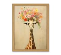 Artery8 Cheerful Giraffe with Wildflower Bouquet Hat Spring Camouflage Whimsical Oil Painting Nursery Artwork Framed Wall Art Print 18X24 Inch