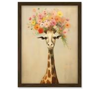 Artery8 Wall Art Print Cheerful Giraffe with Wildflower Bouquet Hat Spring Camouflage Whimsical Oil Painting Nursery Artwork Framed A4 in Brown Artery8 Brown A4