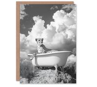 Artery8 Cheetah in Bathtub Black White Desert Surreal Birthday Greeting Card in Grey Artery8 Grey