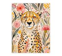 Artery8 Cheetah in Exotic Flower Garden Watercolour Living Room Large Wall Art Poster Print Thick Paper 18X24 Inch