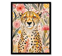 Artery8 Cheetah In Exotic Flower Garden Watercolour Wall Art Print - A4 Size