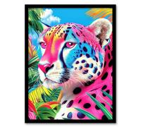 Cheetah Jungle Plants Colourful Animal Portrait Framed Art Print Artery8 Pink A4