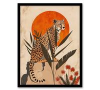 Artery8 Cheetah Perched On Rock Boho Sunset Sun Plants Poster Wall Art Print - A4 Size