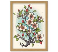 Artery8 Cherry Blossom Branch Bright Tattoo Ink Body Art Rockabilly Americana 50s Artwork Framed Wall Art Print A4