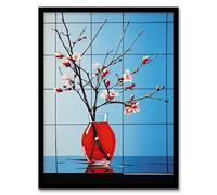 Artery8 Cherry Blossom Branch in Vase Floral Artwork Blue Red Glass Table Reflections Flower Blooms by Window Artwork Framed Wall Art Print A4