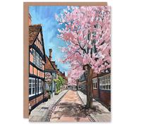 Artery8 Greeting Card Cherry Blossom Lymm Village Cheshire Painting Blank For Him Or Her Art Birthday Card