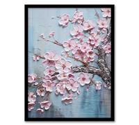 Artery8 Cherry Blossom Splendor Delicate Elegant Pink And Soft Blue Oil Painting Art Print Framed Poster Wall Decor 12x16 inch