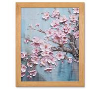Artery8 Cherry Blossom Splendor - Soft Pink & Blue Decor - Oak Wood Framed Print