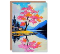 Artery8 Cherry Blossom Tree by Lake Coastal Landscape Birthday Greeting Card Artery8 Multicolor