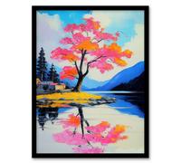 Artery8 Cherry Blossom Tree By Lake Coastal Landscape Wall Art Print - A4 Size