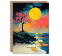 Artery8 Cherry Blossom Tree by Shore Coastal Sunset Birthday Greeting Card Artery8 Multicolor