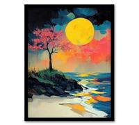 Artery8 Cherry Blossom Tree by Shore Coastal Sunset Living Room Artwork Framed Wall Art Print A4