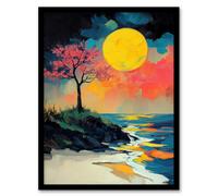 Artery8 Cherry Blossom Tree By Shore Coastal Sunset Wall Art Print - A4 Size