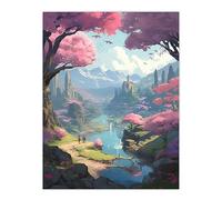 Wall Art Print Cherry Blossoms by River Bright Painting Springtime Blooming Pink Trees in Coastal Fishing Village Landscape Poster Artery8 Blue W18 inch x H24 inch