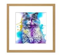 Artery8 Cheshire Cat Watercolour Yellow Teal Purple Splat Illustration Square Wooden Framed Wall Art Print Picture 8X8 Inch in Light Oak Artery8 Light Oak