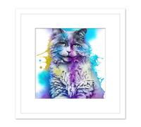 Artery8 Cheshire Cat Watercolour Yellow Teal Purple Splat Illustration Square Wooden Framed Wall Art Print Picture 8X8 Inch in White Artery8 White