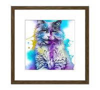 Artery8 Cheshire Cat Watercolour Yellow Teal Purple Splat Illustration Square Wooden Framed Wall Art Print Picture 8X8 Inch in Brown Artery8 Brown