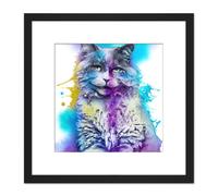 Artery8 Cheshire Cat Watercolour Yellow Teal Purple Splat Illustration Square Wooden Framed Wall Art Print Picture 8X8 Inch in Black Artery8 Black