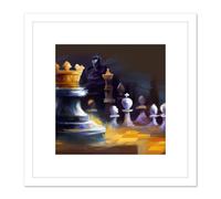Artery8 Chess Board Pieces Gold Crown King Abstract Painting Square Wooden Framed Wall Art Print Picture 8X8 Inch in White Artery8 White