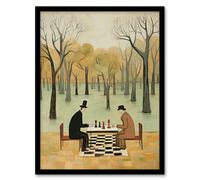 Artery8 Chess In The Park Whimsical Chess Game Pastel Colour Artwork Framed Wall Art Print A4