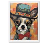 Artery8 Chihuahua Dog Top Hat and Bowtie Modern Folk Art Artwork Framed A3 Wall Art Print