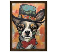 Artery8 Chihuahua Dog Top Hat and Bowtie Modern Folk Art Artwork Framed A3 Wall Art Print