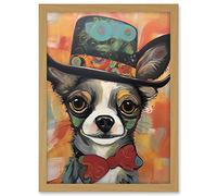 Artery8 Chihuahua Dog Top Hat and Bowtie Modern Folk Art Artwork Framed A3 Wall Art Print