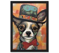 Artery8 Chihuahua Dog Top Hat and Bowtie Modern Folk Art Artwork Framed A3 Wall Art Print