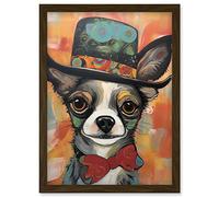 Artery8 Chihuahua Dog Top Hat and Bowtie Modern Folk Art Artwork Framed Wall Art Print A4