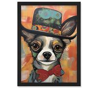 Artery8 Chihuahua Dog Top Hat and Bowtie Modern Folk Art Artwork Framed Wall Art Print A4