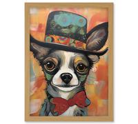 Artery8 Chihuahua Dog Top Hat and Bowtie Modern Folk Art Artwork Framed Wall Art Print A4