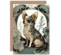 Artery8 Chihuahua Dog With Floral Pattern Fur Coat Modern Art Nouveau Portrait Illustration Art Birthday Sealed Greeting Card Plus Envelope Blank inside