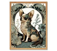 Artery8 Chihuahua Dog With Floral Pattern Fur Coat Modern Art Nouveau Portrait Illustration Art Print Framed Poster Wall Decor 12x16 inch