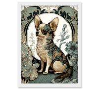 Artery8 Chihuahua Dog With Floral Pattern Fur Coat Modern Art Nouveau Portrait Illustration Artwork Framed Wall Art Print A4
