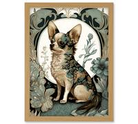 Artery8 Chihuahua Dog With Floral Pattern Fur Coat Modern Art Nouveau Portrait Illustration Artwork Framed Wall Art Print A4