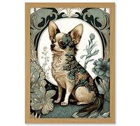 Artery8 Chihuahua Dog With Floral Pattern Fur Coat Modern Art Nouveau Portrait Illustration Artwork Framed A3 Wall Art Print