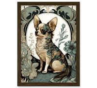 Artery8 Chihuahua Dog With Floral Pattern Fur Coat Modern Art Nouveau Portrait Illustration Artwork Framed Wall Art Print A4