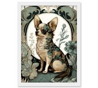 Artery8 Chihuahua Dog With Floral Pattern Fur Coat Modern Art Nouveau Portrait Illustration Artwork Framed Wall Art Print A4