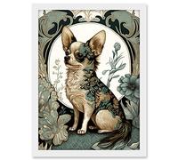 Artery8 Chihuahua Dog With Floral Pattern Fur Coat Modern Art Nouveau Portrait Illustration Artwork Framed A3 Wall Art Print