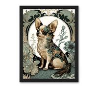 Artery8 Chihuahua Dog With Floral Pattern Fur Coat Modern Art Nouveau Portrait Illustration Artwork Framed Wall Art Print 18X24 Inch