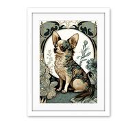 Artery8 Chihuahua Dog With Floral Pattern Fur Coat Modern Art Nouveau Portrait Illustration Artwork Framed Wall Art Print 18X24 Inch