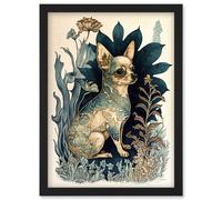 Artery8 Chihuahua Dog With Floral Pattern Fur Coat Modern Portrait in Flower Field Illustration Artwork Framed Wall Art Print A4