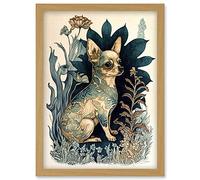 Artery8 Chihuahua Dog With Floral Pattern Fur Coat Modern Portrait in Flower Field Illustration Artwork Framed Wall Art Print A4