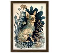 Chihuahua Dog With Floral Pattern Fur Coat Modern Portrait in Flower Field Illustration Artwork Framed Wall Art Print A4 Artery8 Brown One Size