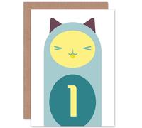 Artery8 Child Birthday Cat 1 One Year Old Greetings Card in Blue Artery8 Blue