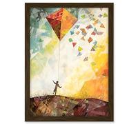 Artery8 Child Flying Big Kite in Rainbow Colour Sunset Sky Artwork Framed A3 Wall Art Print