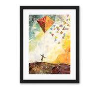 Artery8 Child Flying Big Kite in Rainbow Colour Sunset Sky Artwork Framed Wall Art Print 18X24 Inch