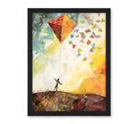 Artery8 Child Flying Big Kite in Rainbow Colour Sunset Sky Artwork Framed Wall Art Print 18X24 Inch