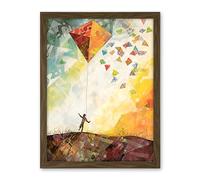 Artery8 Child Flying Big Kite in Rainbow Colour Sunset Sky Artwork Framed Wall Art Print 18X24 Inch